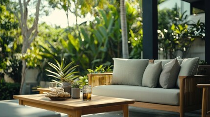 Fototapeta premium A Relaxing Outdoor Living Space Features Comfortable Furniture and Greenery
