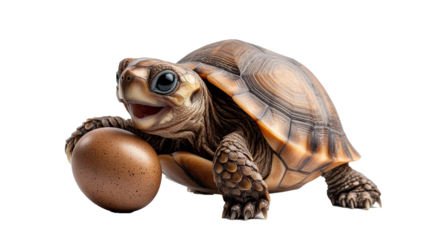 Happy turtle with smiling face is holding Easter egg, showcasing joy and playfulness. turtle detailed shell and egg texture add to charm of scene