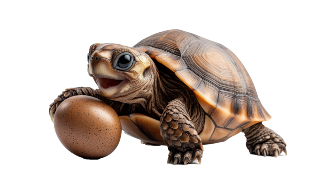 Happy turtle with smiling face is holding Easter egg, showcasing joy and playfulness. turtle detailed shell and egg texture add to charm of scene