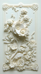 Detailed all-white floral arrangement in a decorative rectangular frame with intricate detailing