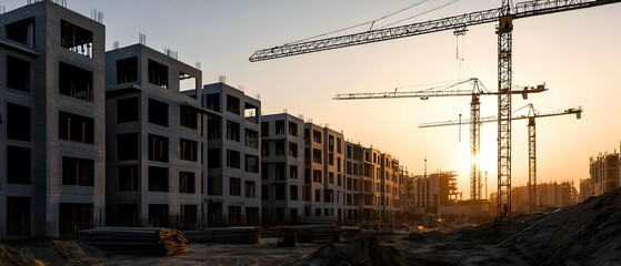 Construction Site of Multi-story Residential Buildings at Sunset