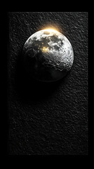 Detailed moon with lit spots centered on textured background with rim light