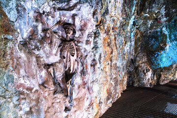 Skeleton of a dead miner in El Eden Mine in Zacatecas, Mexico