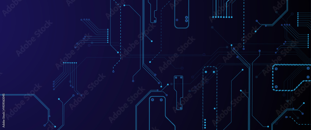 Poster Vector illustration fantastic digital technology. Technology lines circuit and dots on blue background, circuit board network connection.