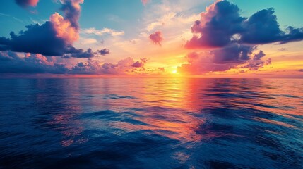 Obraz premium Vibrant ocean sunset with colorful cloudscape scenic view sky sea red calm pink blue water light