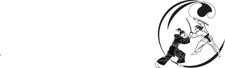 Illustration of Two Samurai Figures Engaged in Sword Fight with Dynamic Poses in Circular Framed Design