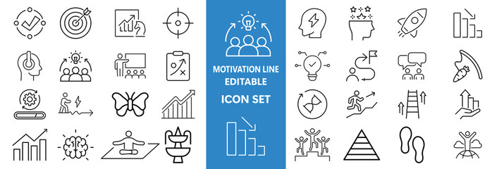 Motivation line editable icon set. Containing personal growth, goal setting, perseverance, achievement, teamwork, passion, thumbs up, and more. Vector illustration