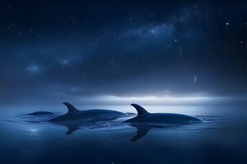 Two dolphins swimming in the ocean under a starry night sky with a crescent moon visible above them