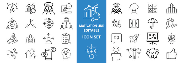 Motivation line editable icon set. Containing personal growth, goal setting, perseverance, achievement, teamwork, passion, thumbs up, and more. Vector illustration