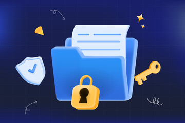 3d Secure file blue folder with lock, key, and shield icon. data protection, cybersecurity, document safety, and privacy digital storage. vector illustration