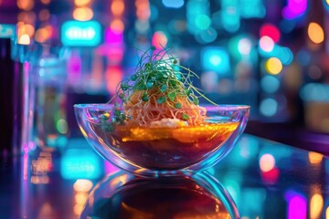 Vibrant noodle dish garnished with microgreens, served in a stylish glass bowl, illuminated by colorful bokeh lights.