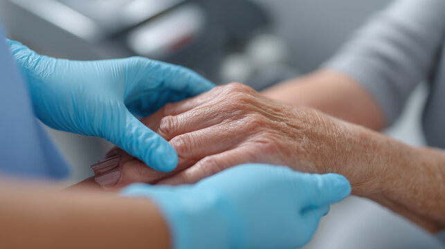 Healthcare provider examining elderly patient's hand carefully