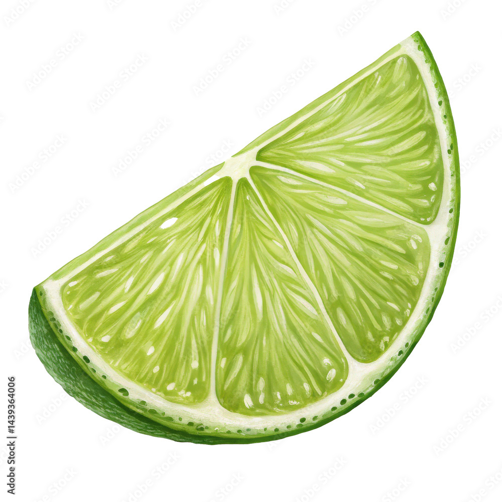 Poster realistic lime wedge slice is isolated on transparency background, showcasing its vibrant green colo