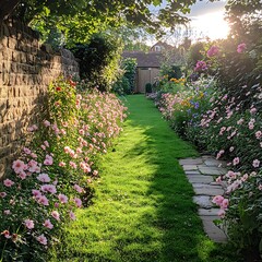 Obraz premium Lush Garden Pathway Surrounded by Colorful Blooms in a Serene Outdoor Setting