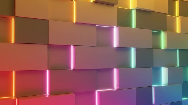 Colorful rectangular blocks with neon lighting.