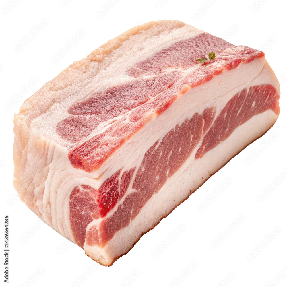 Poster thick slice of raw pork belly with visible layers of fat and meat, isolated on transparency backgrou