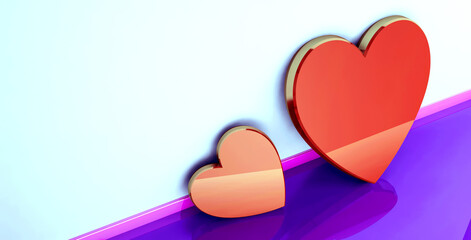 Two red hearts are on a purple background.