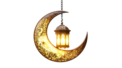 Gold lantern on crescent moon, cut out transparent
