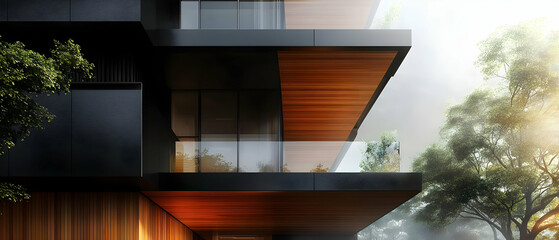 Modern Apartment Building with Wooden Balcony
