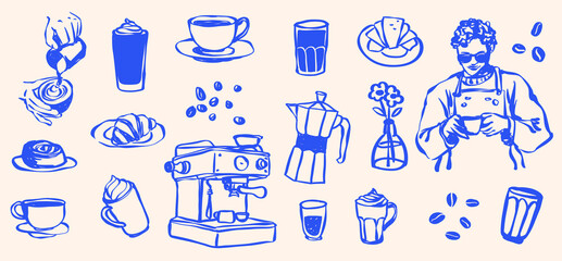 Hand Drawn Coffee Shop Clip Art, Coffee Cup,  Doodle Line Drawing Latte, Americano, Cappuccino, Street Coffee, Coffee Machine, Caffeine, Coffee Icons, Brunch Food Vector SVG