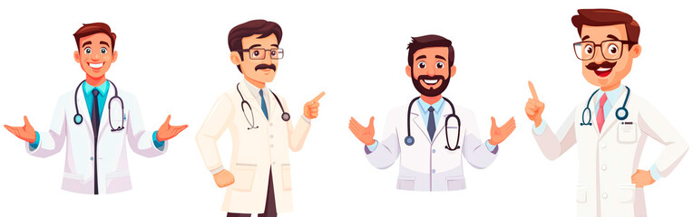 A smiling doctor in a white coat with a stethoscope, gesturing isolated on transparent background