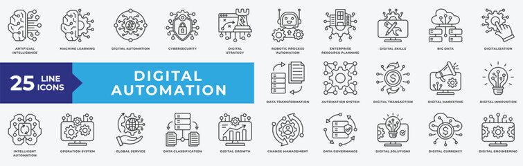 Digital Automation icon set with artificial intelligence, machine learning, digital, automation, cybersecurity, robotic process automation, enterprise resource planning, digital skills and big data