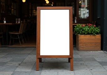 Wooden framed advertising board mockup in front of restaurant