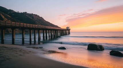 Obraz premium A beautiful ocean pier stretches towards the horizon during sunset