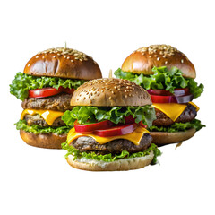 Three irresistible burgers with unique toppings and flavors isolated on white background
