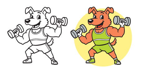Cartoon dog mascot lifting dumbbells and smiling. Vector illustration for logo template, sticker, patch, or fitness branding. Isolated on white background