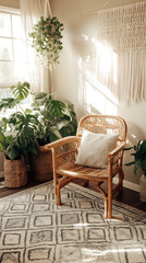 Modern boho living room with a rattan chair, patterned rug, lush plants, and natural decor creating a cozy, stylish, and inviting interior space with a warm atmosphere