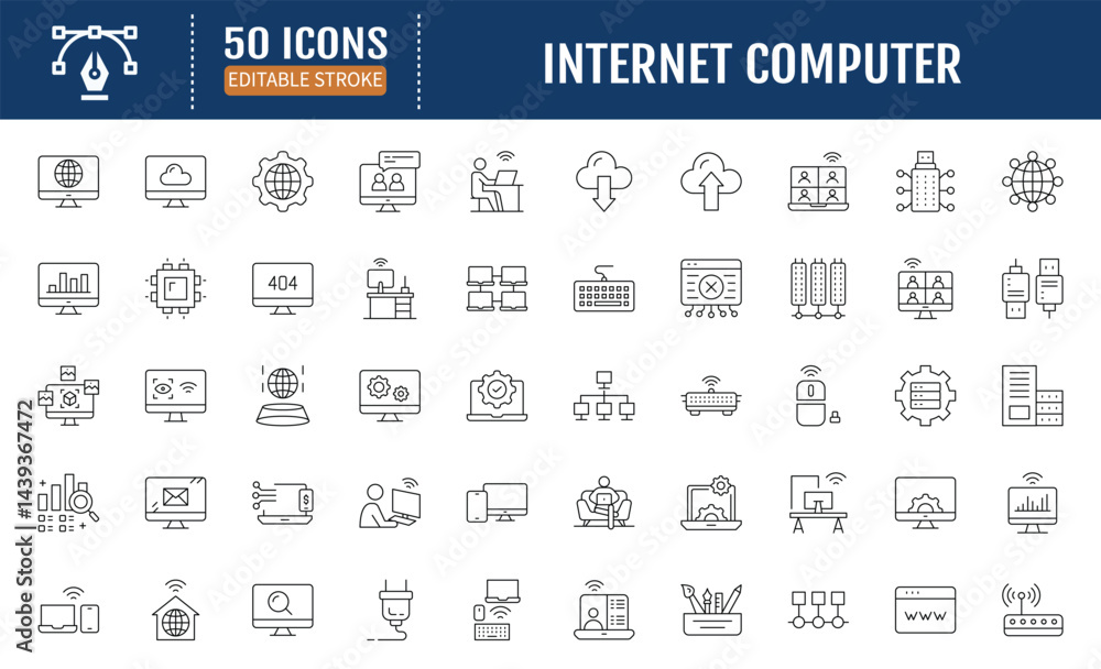 Wall mural internet computer line editable icon set. containing online, computer, network, website, server, web
