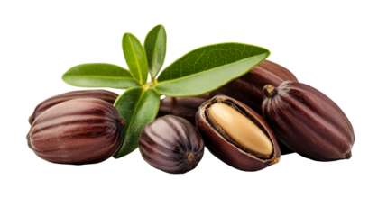 Jojoba fruit, kernel, and leaves, cut out transparent