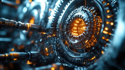intricate machinery a symphony of gears and gleaming metal with glowing amber core reflecting advanced technology and industrial innovation
