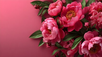 Fototapeta premium Vibrant Peonies: A close-up shot showcases a luxurious display of lush pink peonies, their petals unfurling in a captivating dance of color against a soft pink backdrop.