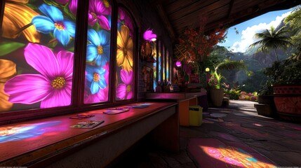 Colorful floral shop interior, tropical garden background, peaceful scene