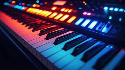 illuminated synthesizer keyboard with vibrant red and blue hues creating a dynamic and immersive musical experience instrument panel design