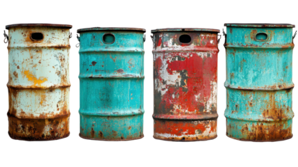 Collection of Vintage Rusty Metal Barrels with Weathered Surfaces in Various Colors and Textures
