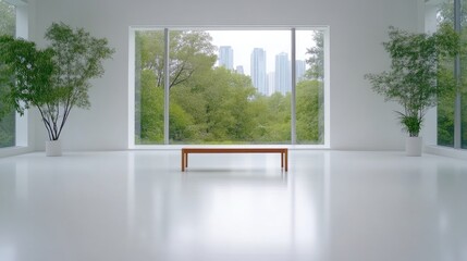 Minimalist Room Plants and Bench Modern Design High-Resolution Bright Lighting Wide Shot Reflective Floor Tranquil Scene Cityscape View Bright Serene Tones Ideal for Interior Design Blogs