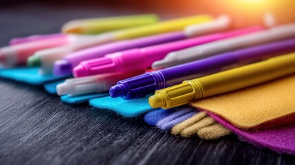 Fototapeta premium Colorful pens and cloths on dark wooden surface