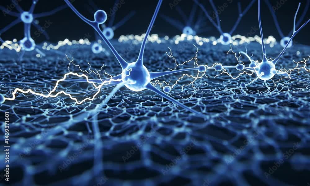 Aufkleber abstract 3d render of neurons forming neural network with blue tones and glowing signals