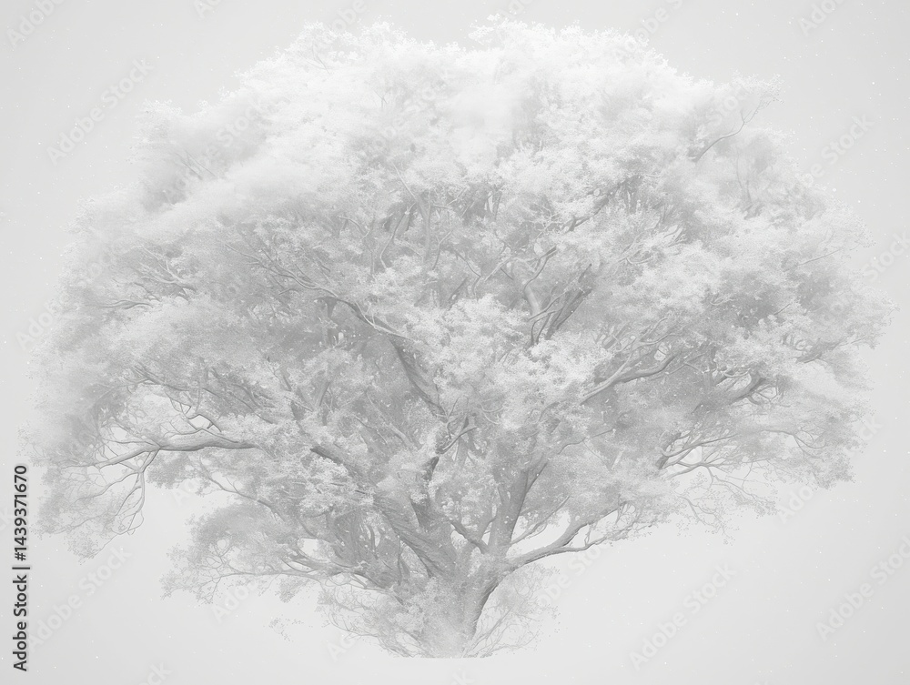 Poster monochrome image of a large, full tree. branches and leaves create a dense canopy