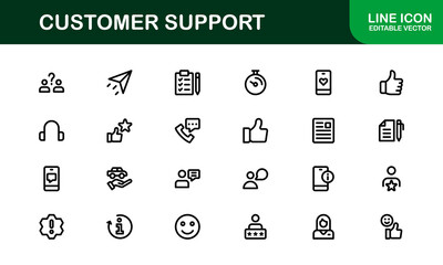 Customer Support Service Icons – Professional Vector Line Illustrations for Online Help, Chat, Call Assistance, and Technical Support Graphics