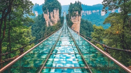 Glass bridge over a mountain valley