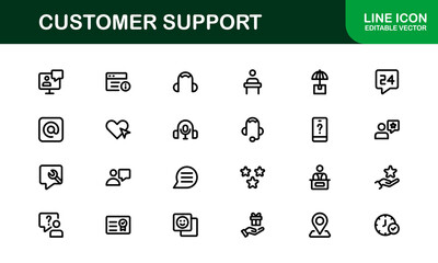 Customer Support Service Icons &ndash; Professional Vector Line Illustrations for Online Help, Chat, Call Assistance, and Technical Support Graphics