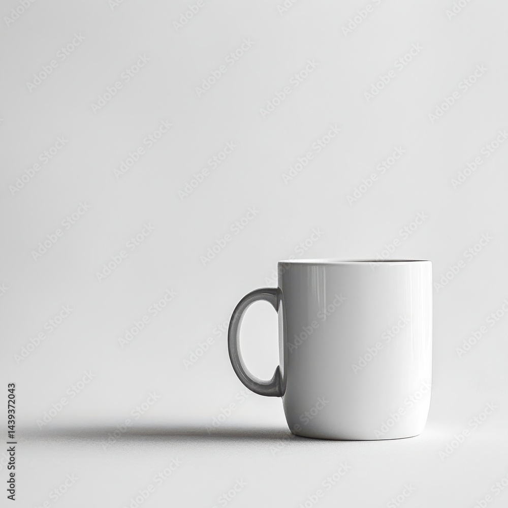 Poster minimalist white ceramic mug with gray handle, perfect for a warm beverage on a chilly day. a clean 