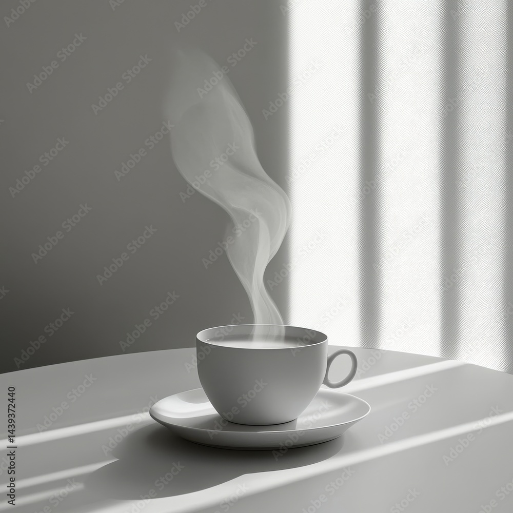 Aufkleber a minimalist photo of a steaming cup of a warm beverage on a plain table, with light and shadows pla