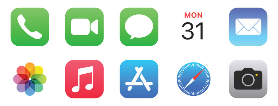 FaceTime, Apple music, Messages, Phone, Mail, Photos, camera icon set
