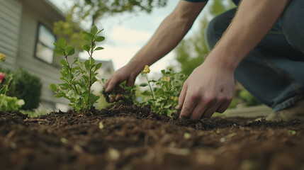 Person Planting Flowers in a Garden