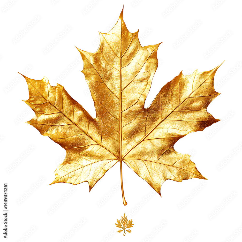 Poster a golden maple leaf isolated on a black background with a smaller leaf below it in the center view